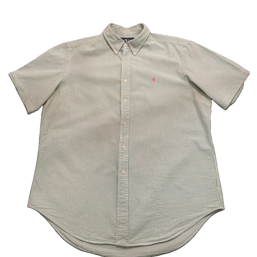 Ralph Lauren Men's Green Striped pink pony short sleeve Button down shirt XL